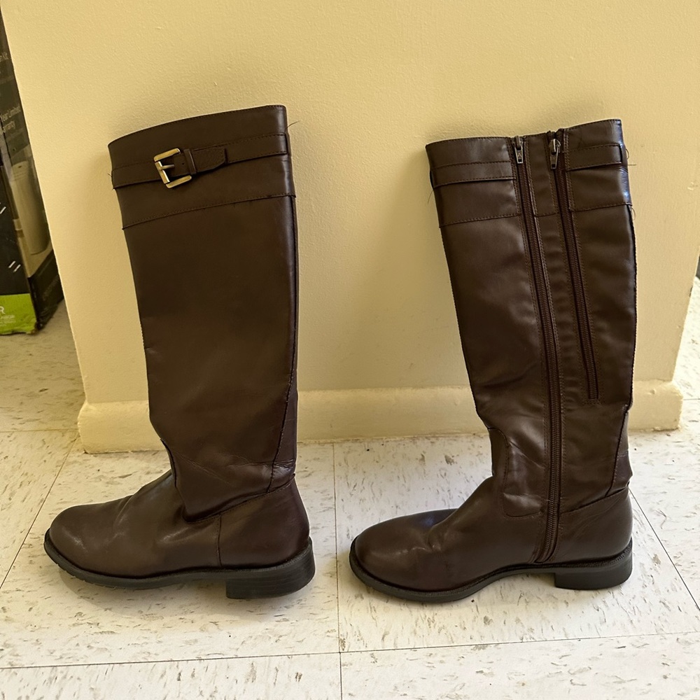 AEROSOLES A2 High Shaft Riding Boots Size 6.5 Brown Zip Adjustable